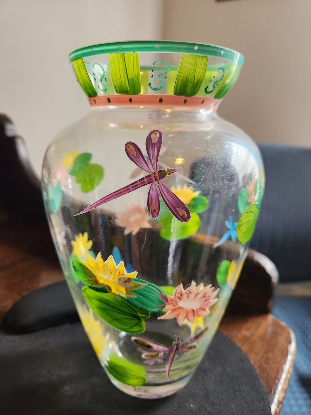 Lenox Hand-Painted Glass Vase with Dragonfly and Multicolor Floral Design